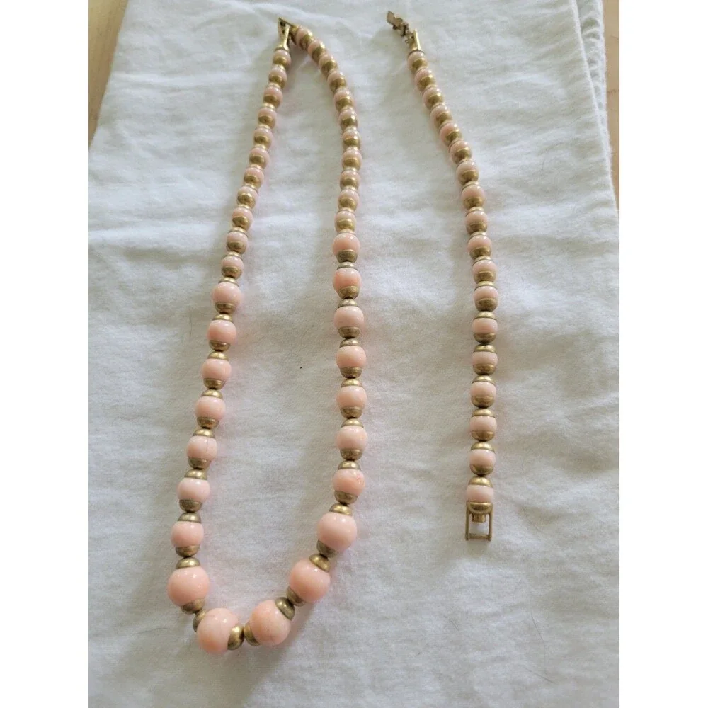 Vintage Avon Faux Angel Skin Marbled Pink & Gold Bead Necklace & Bracelet Set - Picture 2 of 6